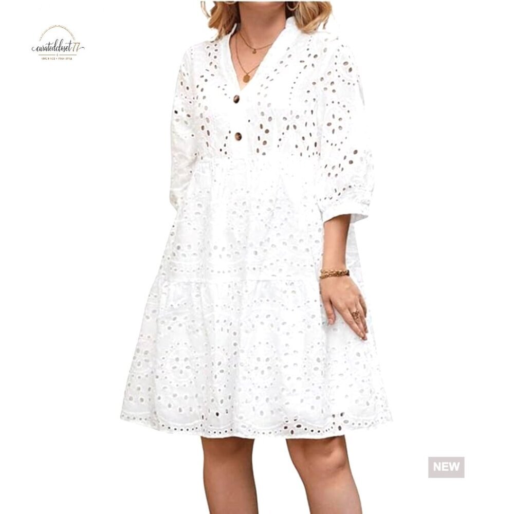 Eyelet Lace Midi Dress V-Neck Puff Sleeve Tiered A-Line Casual